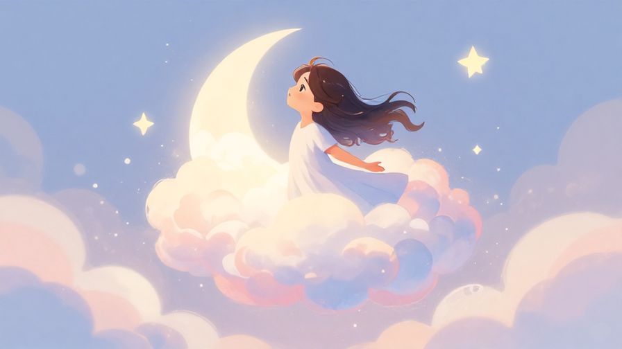 Illustration of a dreamy character floating gently on soft clouds with stars around, pastel colors and gentle light