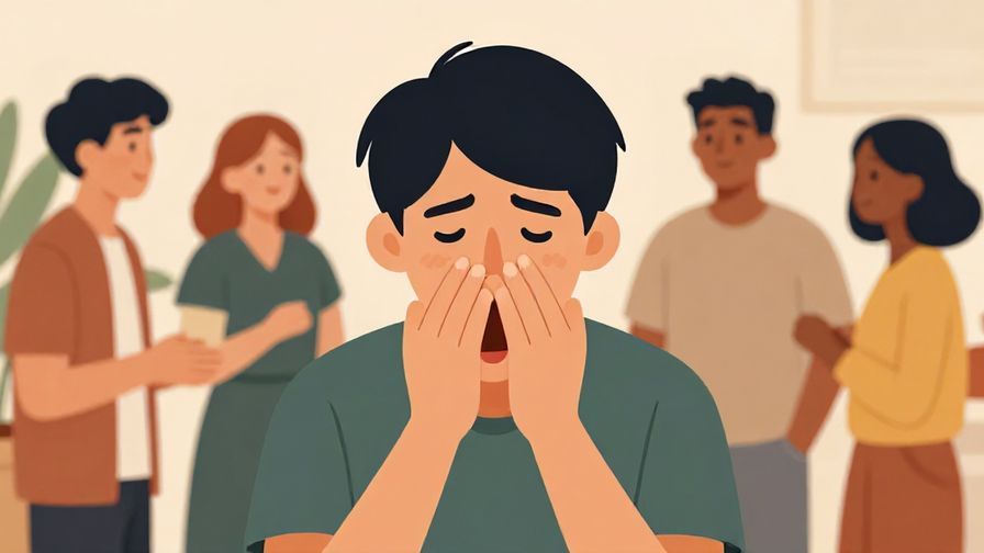 Illustration of a dull-looking person with a yawn, while others enjoy themselves in the background