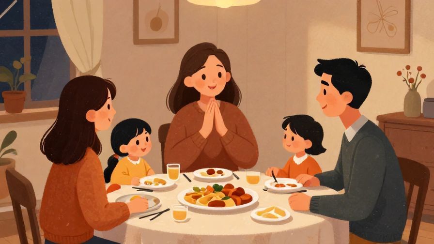 Illustration of a family finishing dinner at a table, one member saying thanks with a warm expression, cozy evening setting, illustrated style