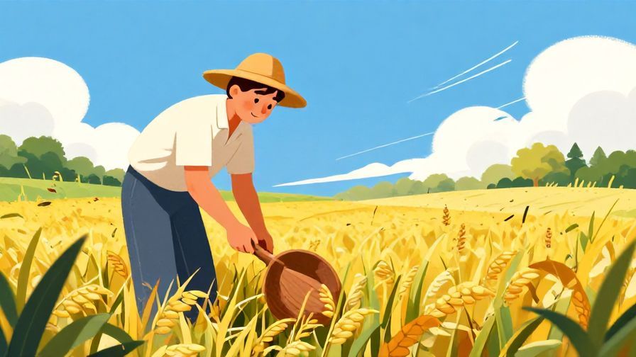 Illustration of a farmer harvesting crops under a sunny sky, symbolizing the natural result of one’s actions, vibrant rural colors