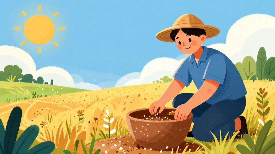 Illustration of a farmer sowing seeds and later harvesting crops with a smiling expression, under a bright sun and natural landscape, vibrant colors, illustrated style