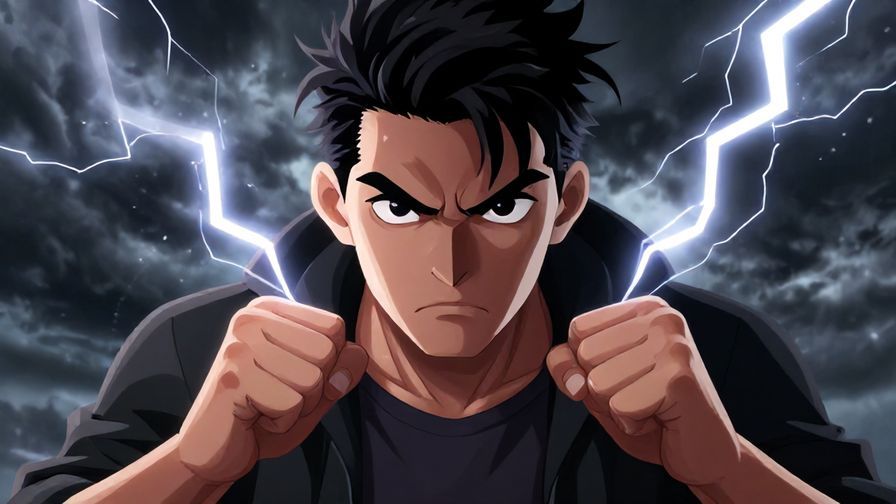 Illustration of a fierce character with clenched fists and determined eyes, stormy background with lightning