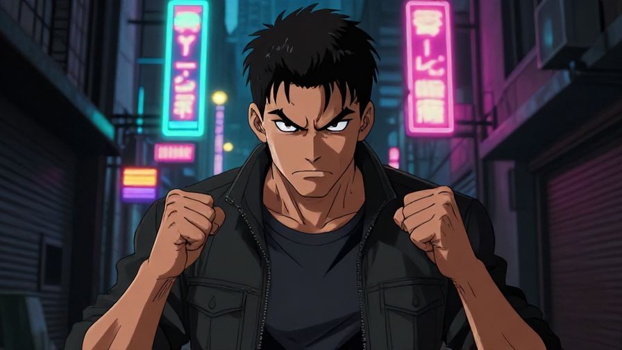 Illustration of a fierce character with clenched fists and sharp eyes, standing in an urban nighttime alley with glowing neon signs