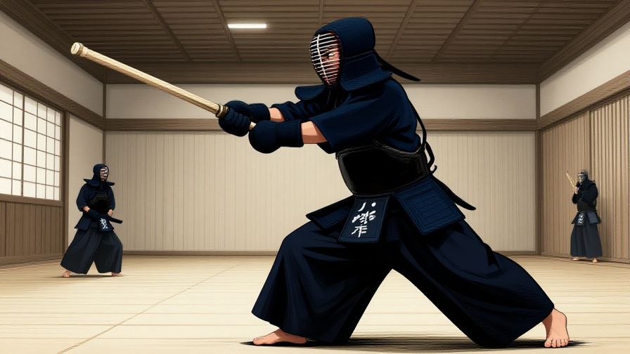Illustration of a fierce kendo practitioner striking with intensity, detailed dojo background
