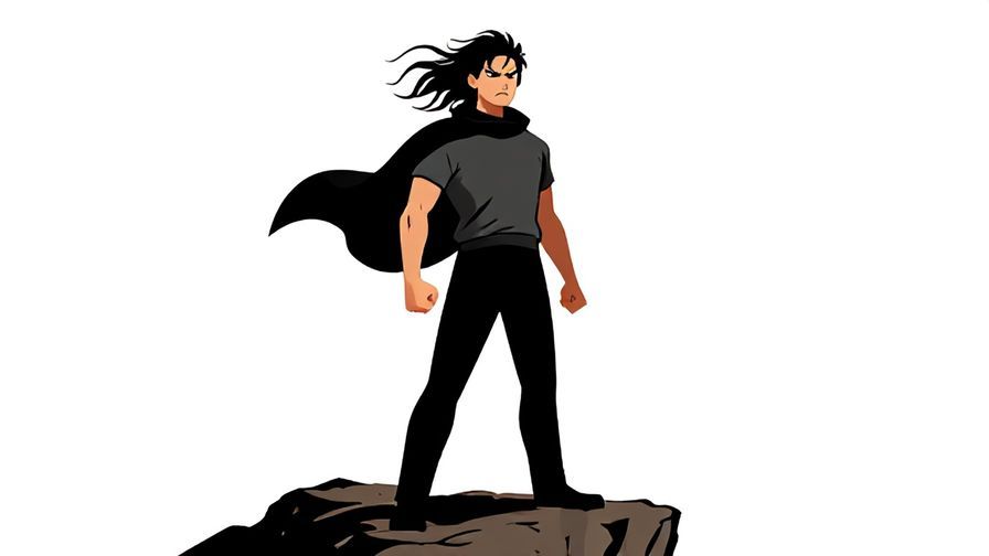 Illustration of a fierce person standing tall on a cliff, wind blowing hair and clothes, bold expression
