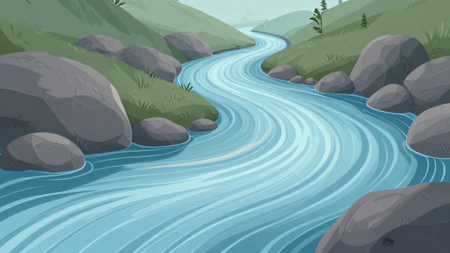 Illustration of a flowing river smoothly curving around rocks, symbolizing inevitability and natural flow, peaceful and calm atmosphere