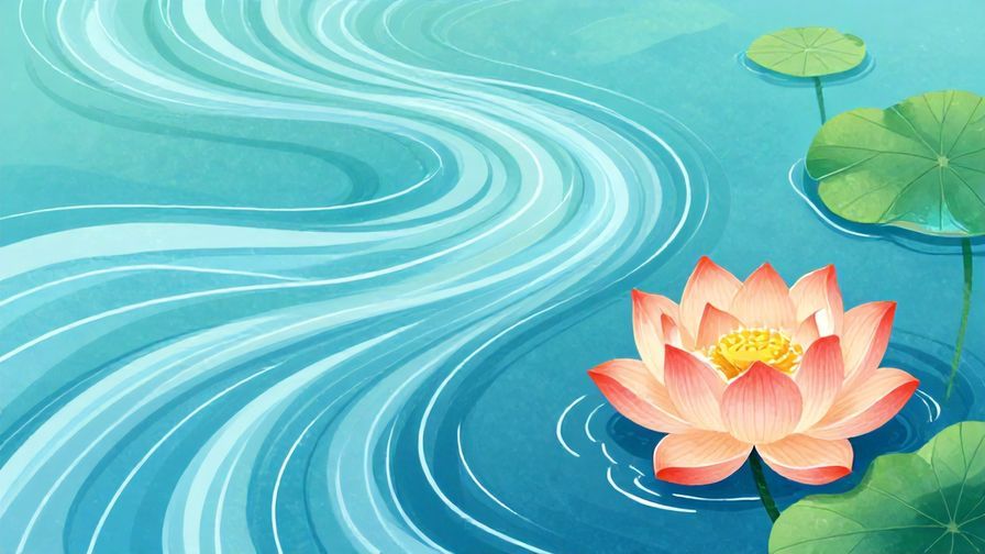 Illustration of a flowing river symbolizing time, with gentle ripples and a blooming lotus flower nearby, vibrant colors, illustrated style
