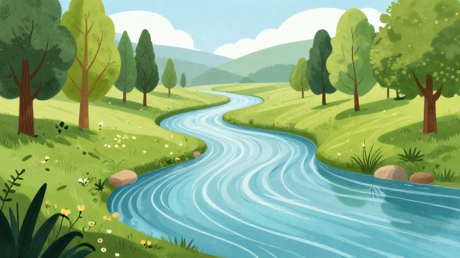 Illustration of a flowing river transforming through seasons, peaceful and reflective atmosphere