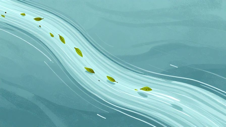 Illustration of a flowing river with leaves drifting downstream, symbolizing unstoppable time, calm and reflective mood, illustrated style