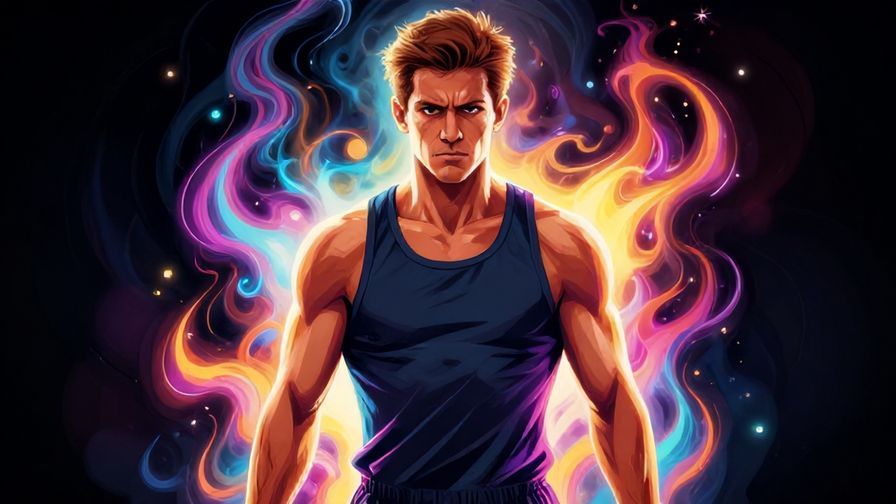 Illustration of a focused athlete standing firm with a fierce gaze, surrounded by vibrant energy waves