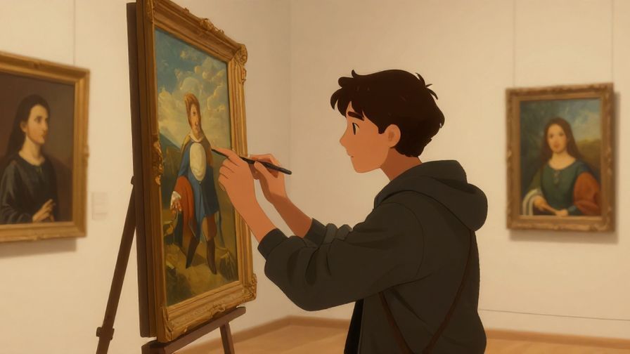 Illustration of a focused person examining a painting carefully, detailed gallery background, warm lighting