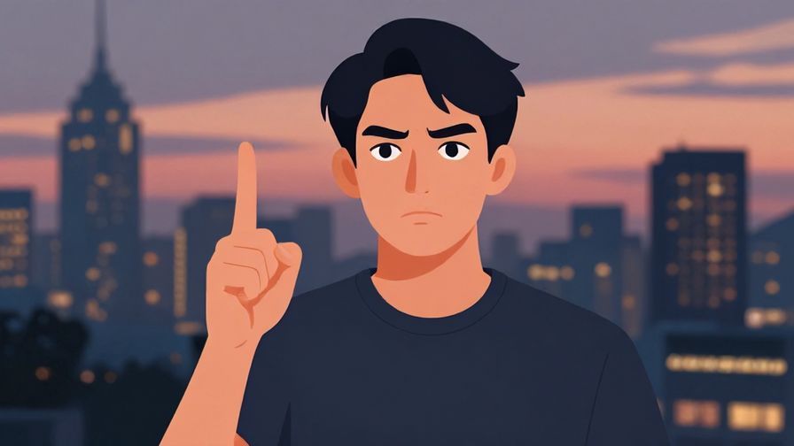 Illustration of a focused person with a determined look, holding a finger up as if making a point, city skyline at dusk in the background