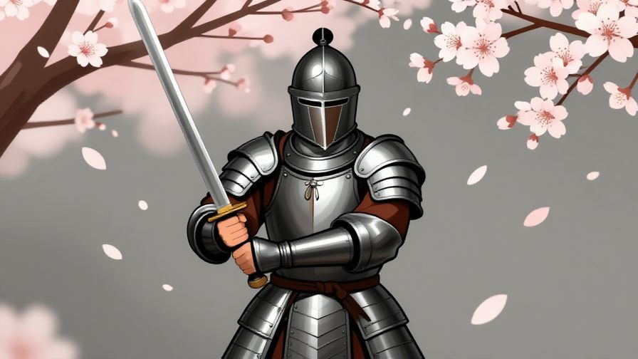 Illustration of a focused warrior in traditional armor, gripping a sword, with cherry blossoms falling gently around, symbolizing duty and honor