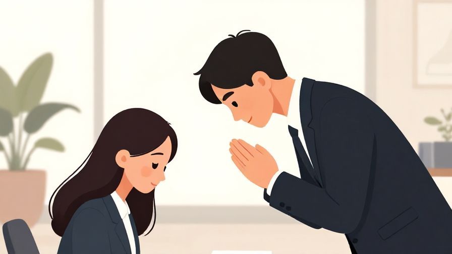 Illustration of a formal apology gesture in a business setting, person bowing slightly, elegant indoor atmosphere