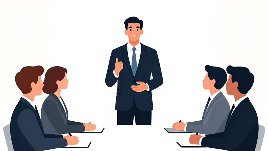 Illustration of a formal business meeting with a speaker emphasizing a point, elegant and clean background