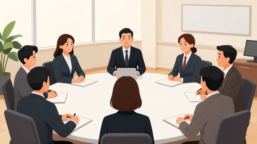 Illustration of a formal business meeting with attentive listeners, calm office lighting, professional atmosphere