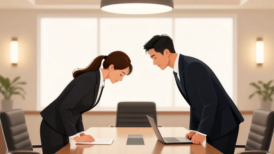 Illustration of a formal business meeting with respectful bowing, polished office background, elegant lighting