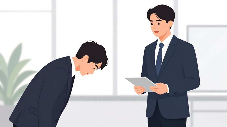 Illustration of a formal business scene, a person bowing slightly while speaking, office background