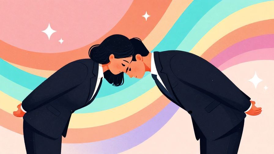 Illustration of a formal businessperson bowing deeply with a gentle abstract background of curved lines and stars, vibrant colors, illustrated style