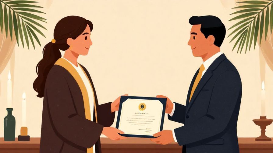 Illustration of a formal ceremony scene with a presenter handing a certificate to a recipient, elegant background with palm leaves