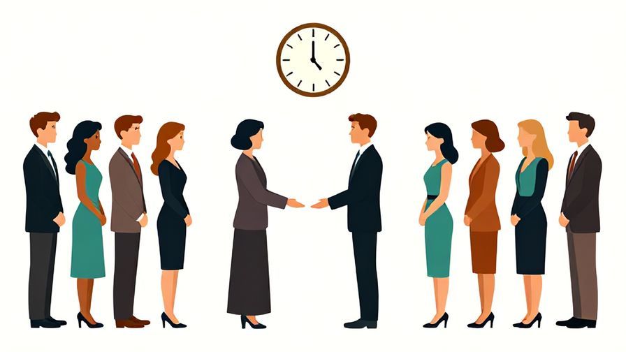 Illustration of a formal ceremony with a clock in the background, people politely standing, elegant colors