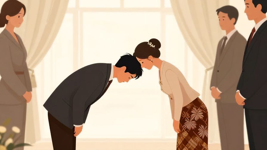 Illustration of a formal ceremony with a person bowing deeply in traditional attire during the morning, elegant and respectful atmosphere