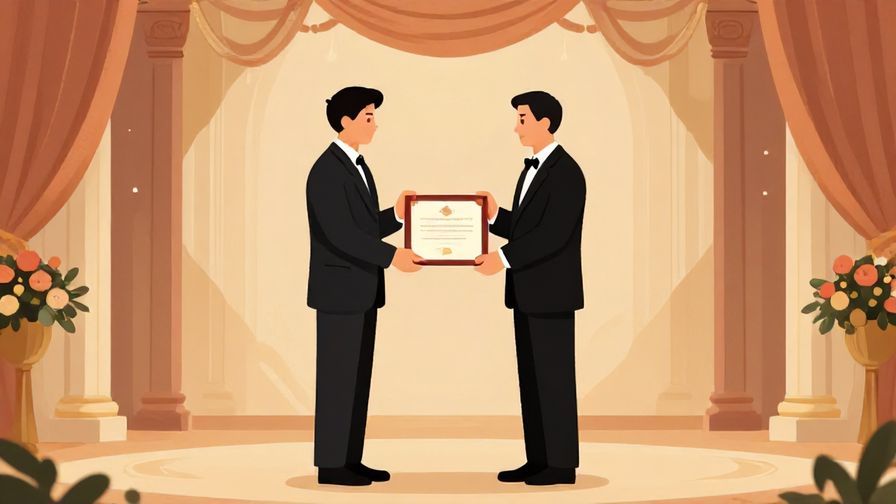 Illustration of a formal ceremony with a person receiving a certificate on a stage, dignified atmosphere with elegant decorations