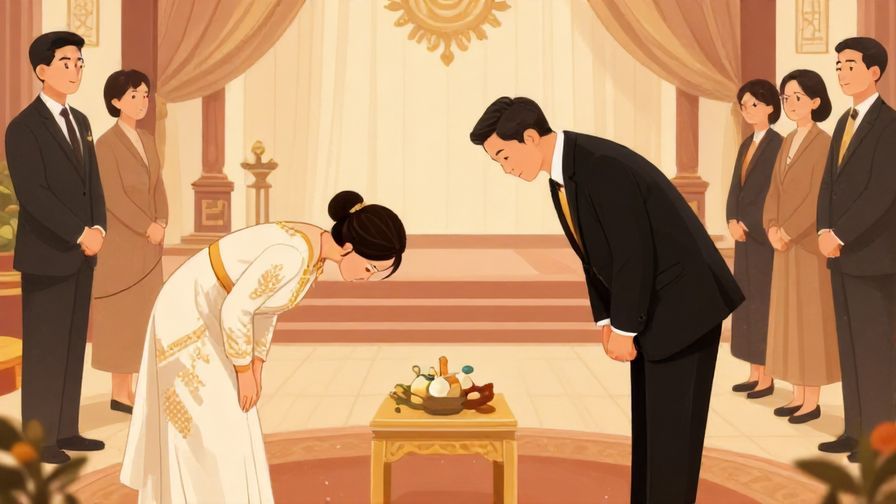 Illustration of a formal ceremony with people bowing slightly in a traditional hall, dignified atmosphere