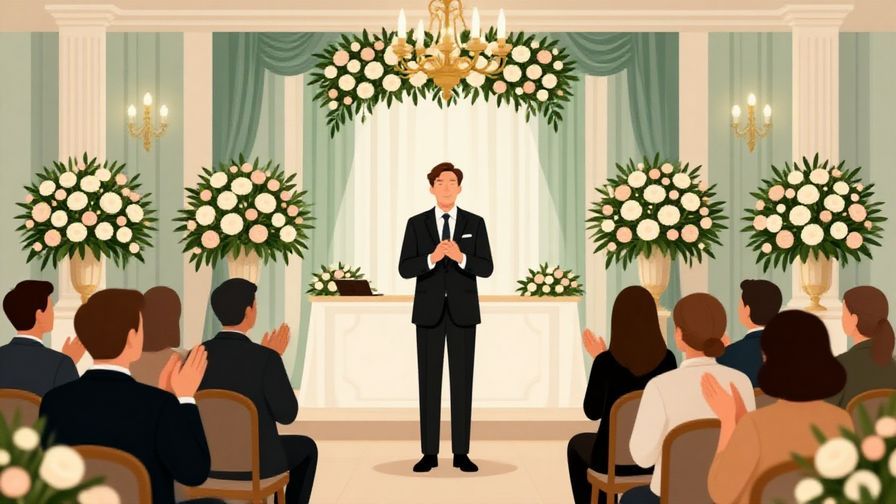 Illustration of a formal congratulatory event with a person giving a speech, audience clapping politely, elegant floral arrangements
