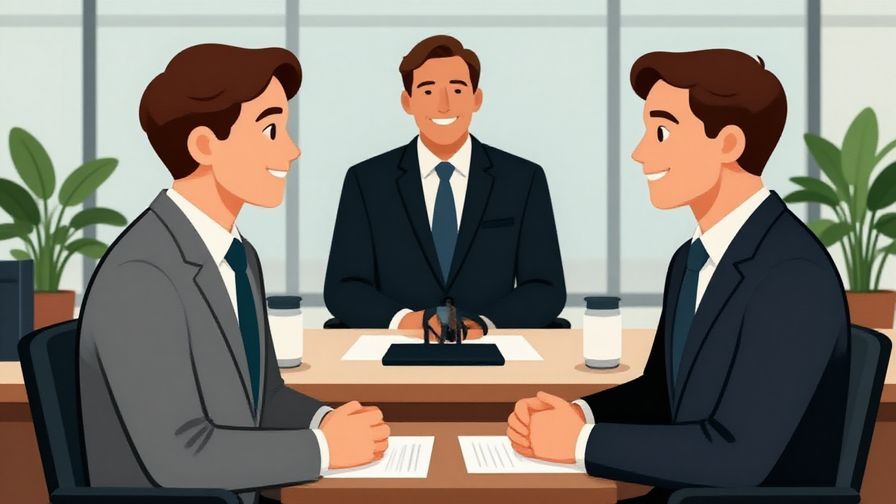 Illustration of a formal conversation with two people exchanging polite smiles in a business office