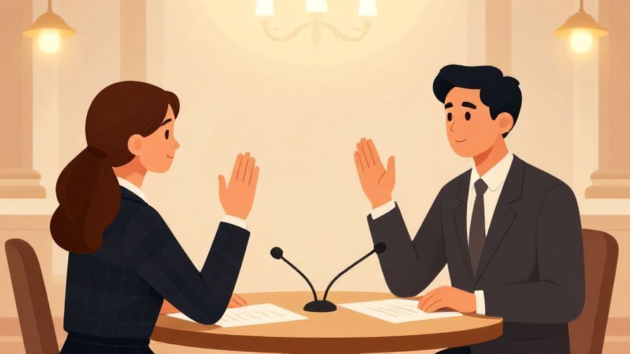 Illustration of a formal debate setting, a person raising their hand slightly to disagree, elegant interior, warm lighting