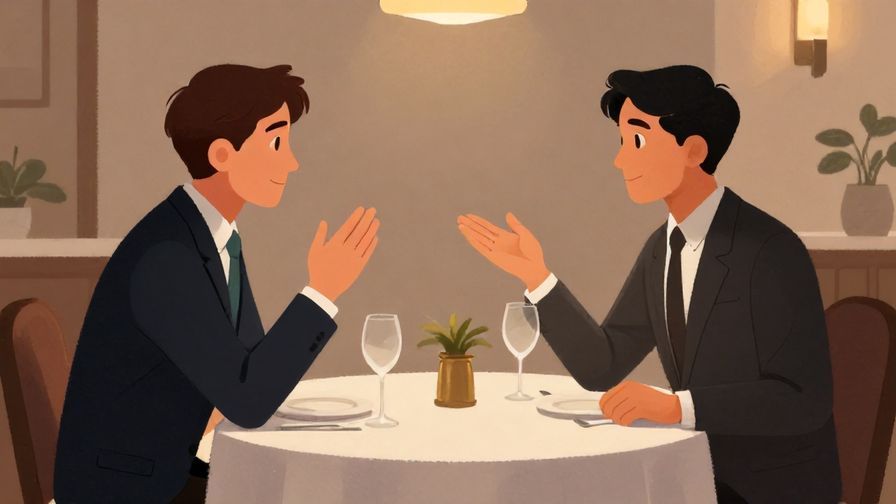 Illustration of a formal dining setting where one guest politely asks another a question, ambient lighting