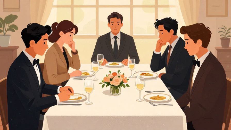 Illustration of a formal dining table with people nodding politely, refined and composed atmosphere
