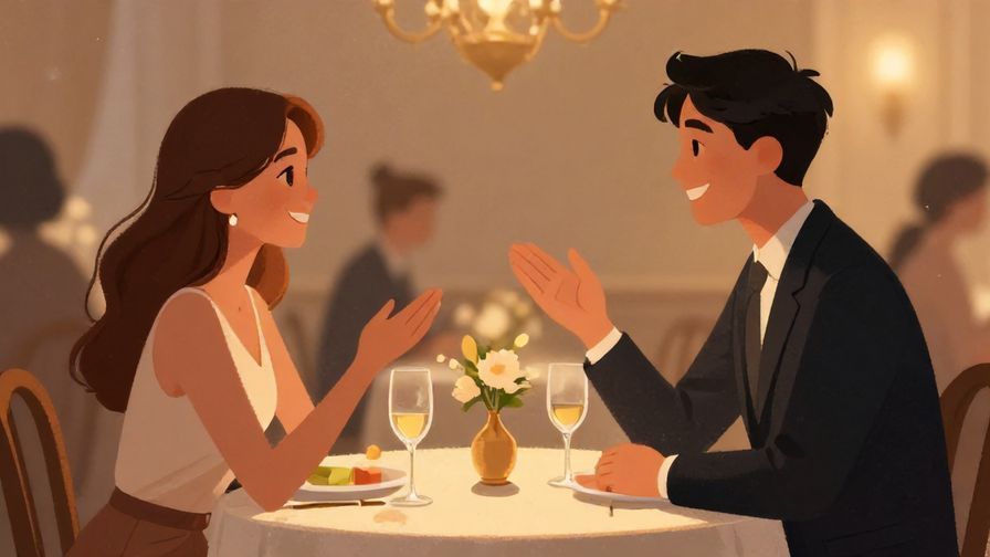Illustration of a formal dinner party with a person complimenting another gracefully, warm lighting, elegant atmosphere