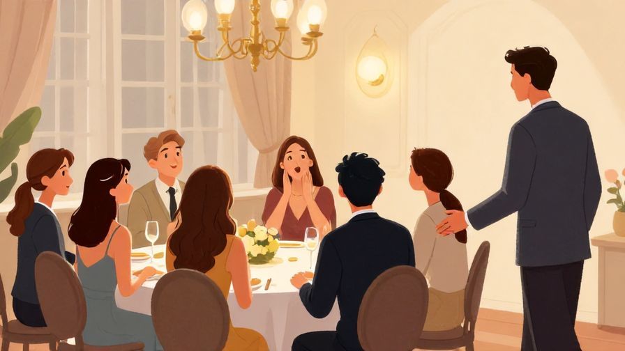 Illustration of a formal dinner party with guests looking surprised pleasantly as a person arrives, elegant lighting