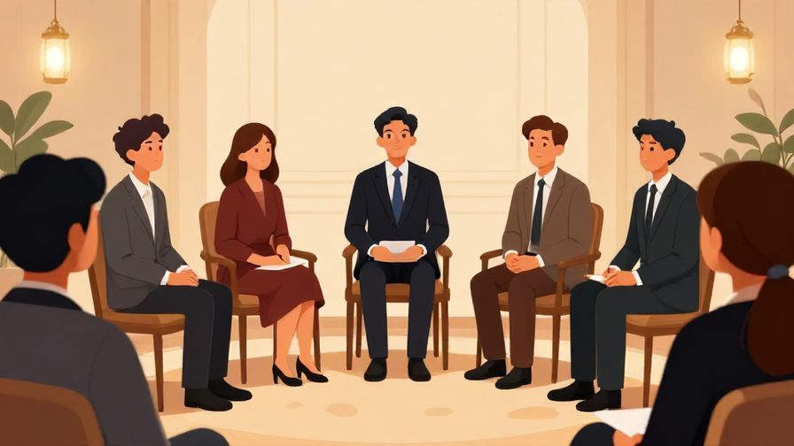 Illustration of a formal discussion panel with attentive listeners, warm light, elegant setting