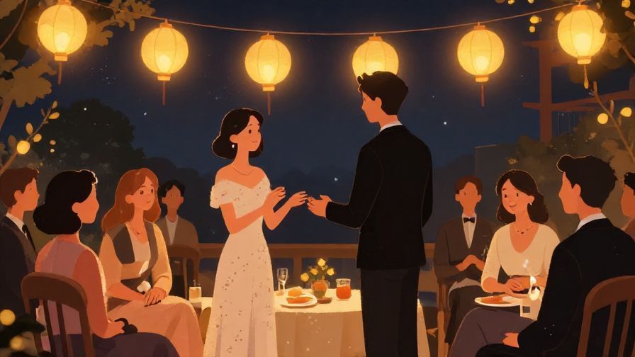 Illustration of a formal evening event with people greeting each other politely under lantern lights