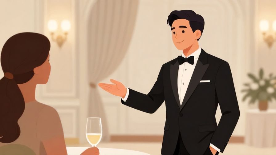 Illustration of a formal event, a host politely gesturing “please,” elegant background with soft ambient lighting