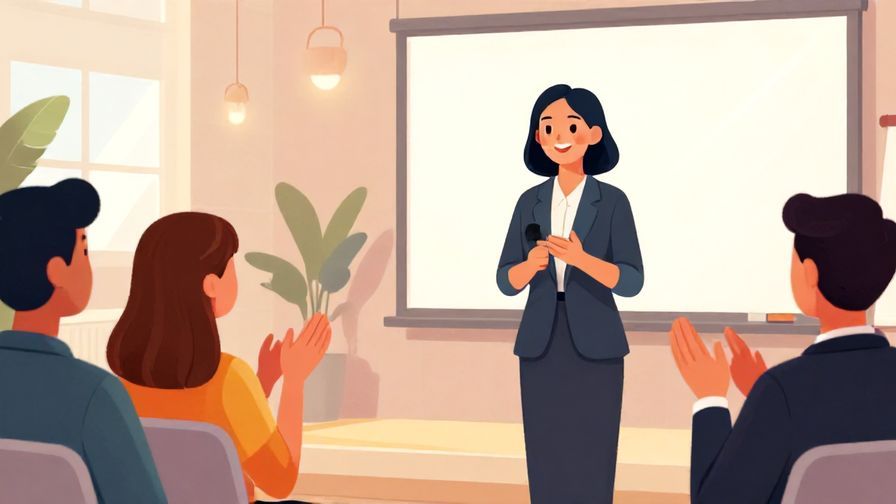 Illustration of a formal event with a presenter smiling and applauding in a well-lit hall, vibrant colors, illustrated style