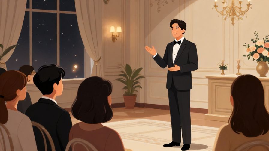 Illustration of a formal event with a speaker acknowledging an audience respectfully, evening setting, elegant style