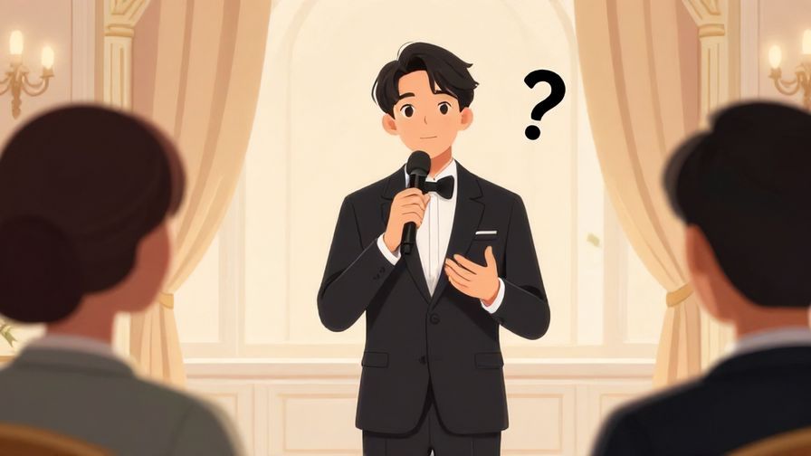 Illustration of a formal event with a speaker gently asking a question, elegant background, soft lighting