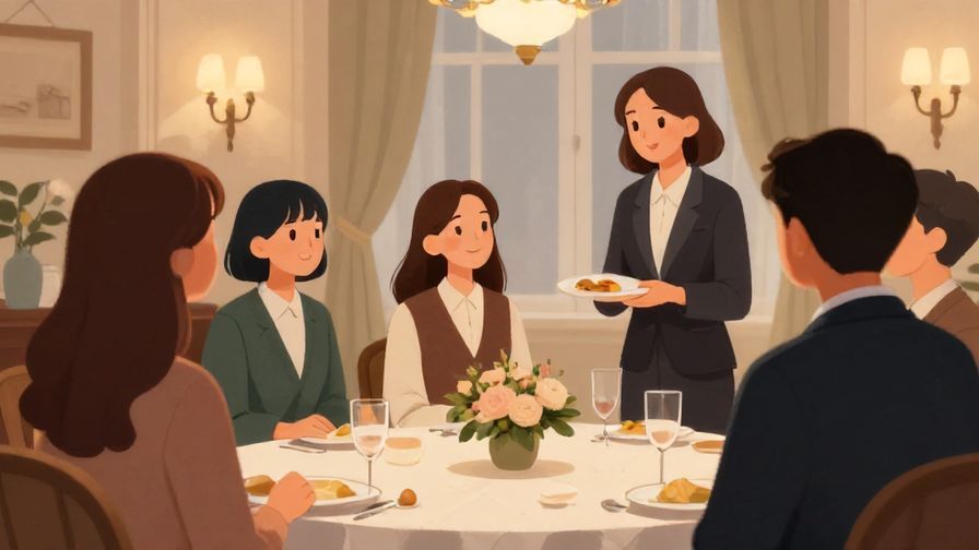 Illustration of a formal gathering with a small group in conversation, one smiling softly as a guest enters, elegant indoor lighting