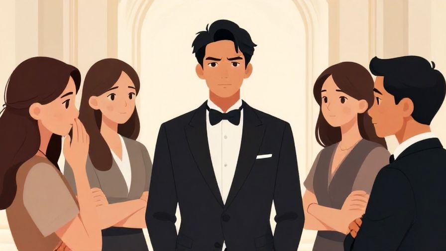 Illustration of a formal gathering with one person looking serious and others looking uncomfortable, elegant setting