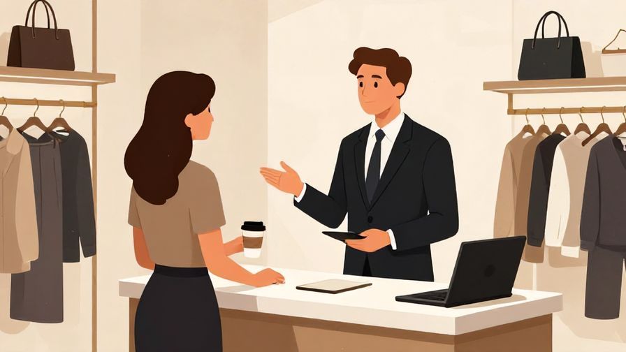 Illustration of a formal interaction between a customer and a store clerk in an upscale boutique