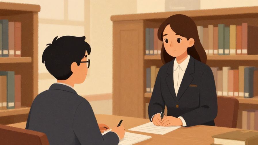 Illustration of a formal interaction in a library with a person politely asking a librarian for help, warm and quiet environment, illustrated style