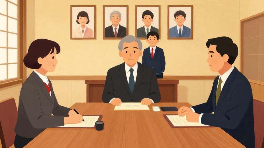 Illustration of a formal Japanese business meeting with family portraits on the wall, emphasizing importance of blood ties, vibrant colors, illustrated style