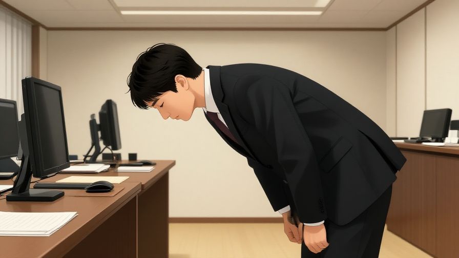 Illustration of a formal Japanese business person bowing deeply in an office during afternoon, elegant setting