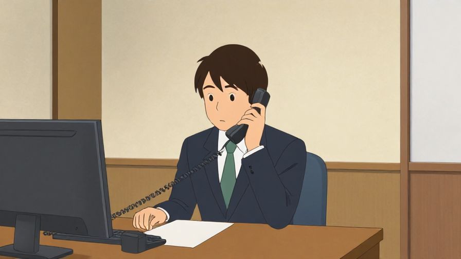 Illustration of a formal Japanese office with a bowed person speaking on the phone, respectful and quiet environment