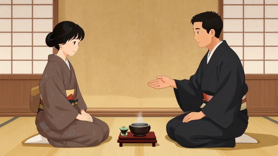 Illustration of a formal Japanese tea ceremony, with respectful gestures and serene atmosphere