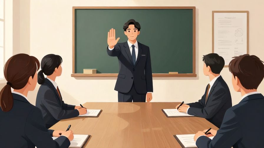 Illustration of a formal meeting room where a speaker politely gestures a stop, professional atmosphere, illustrated style